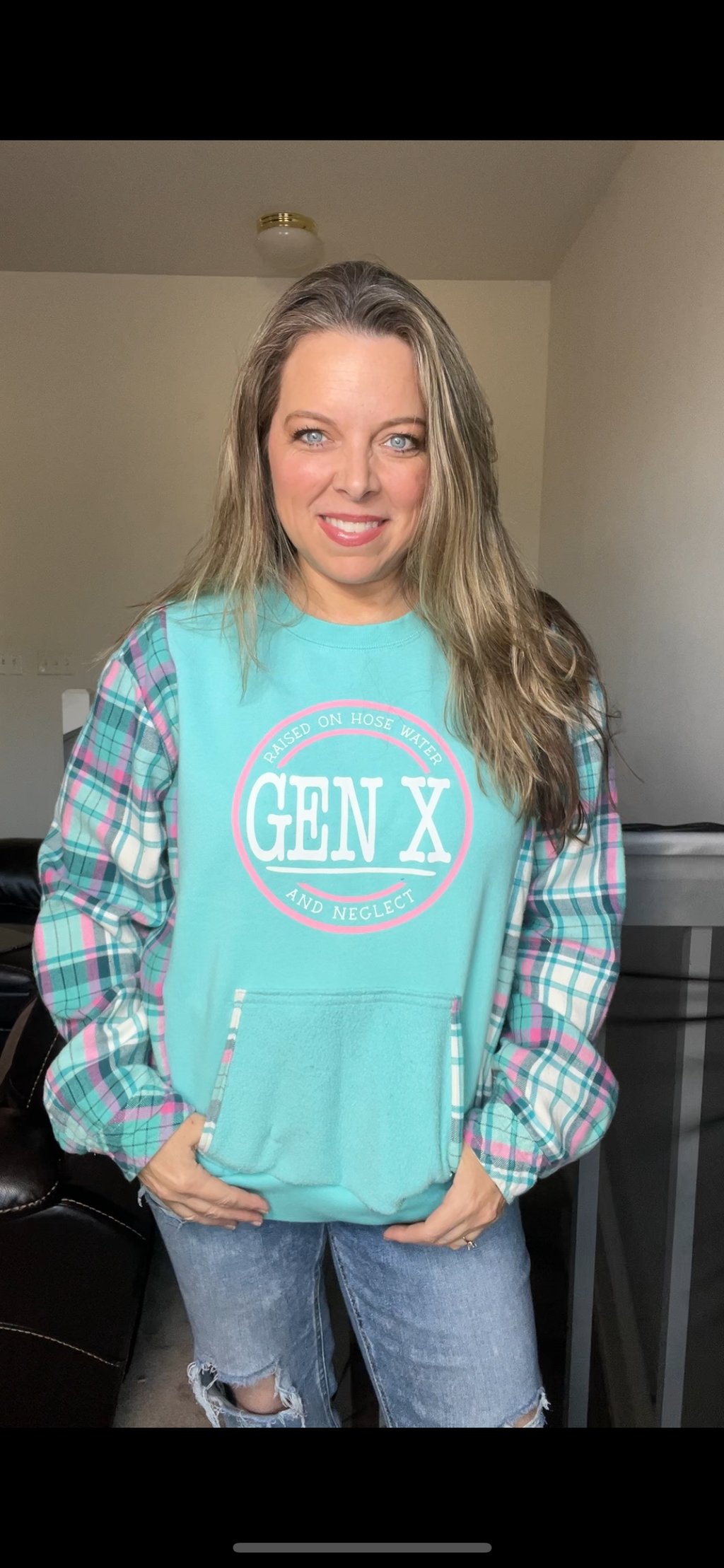 Upcycled Gen X aqua – women’s large midweight sweatshirt with flannel sleeves