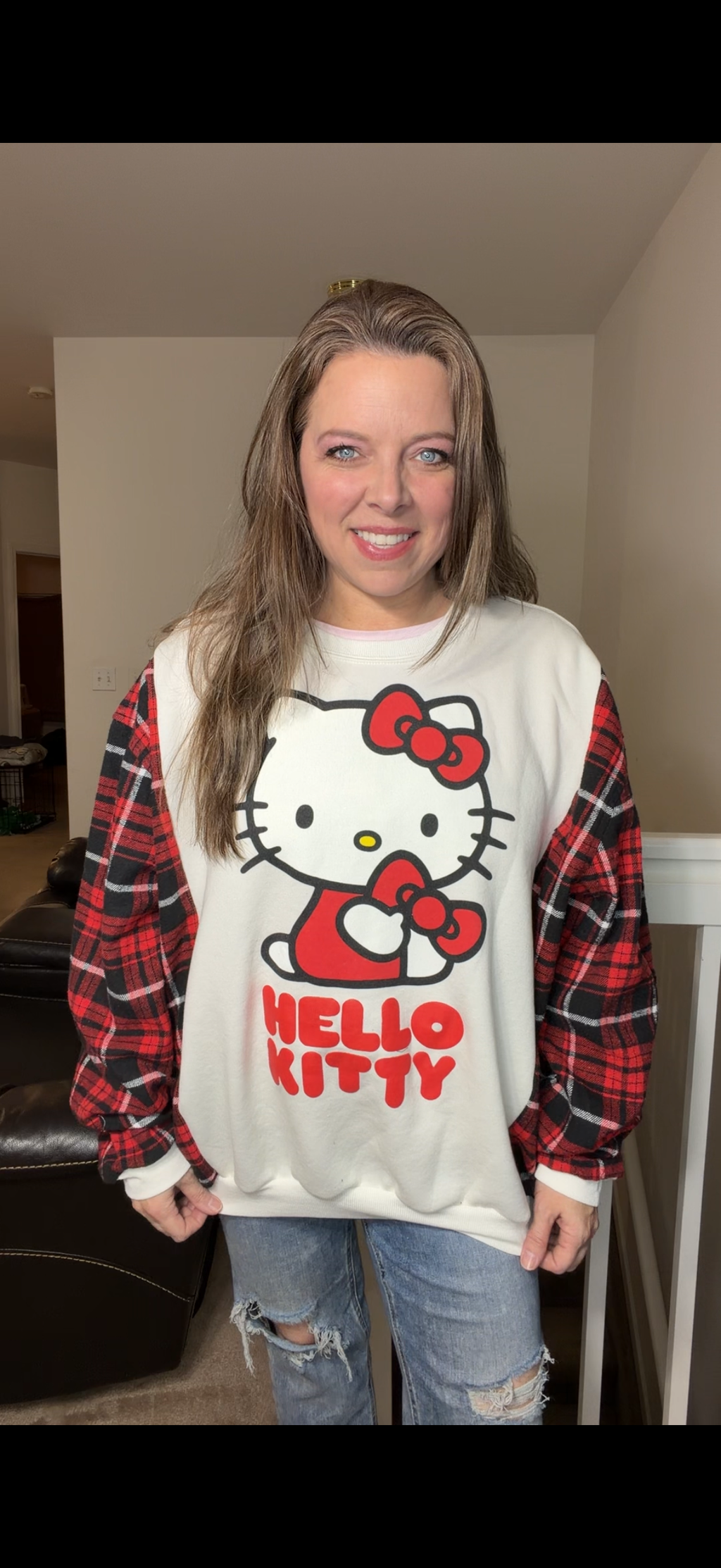 Upcycled Hello Kitty - women's 2X midweight sweatshirt with flannel sleeves ￼