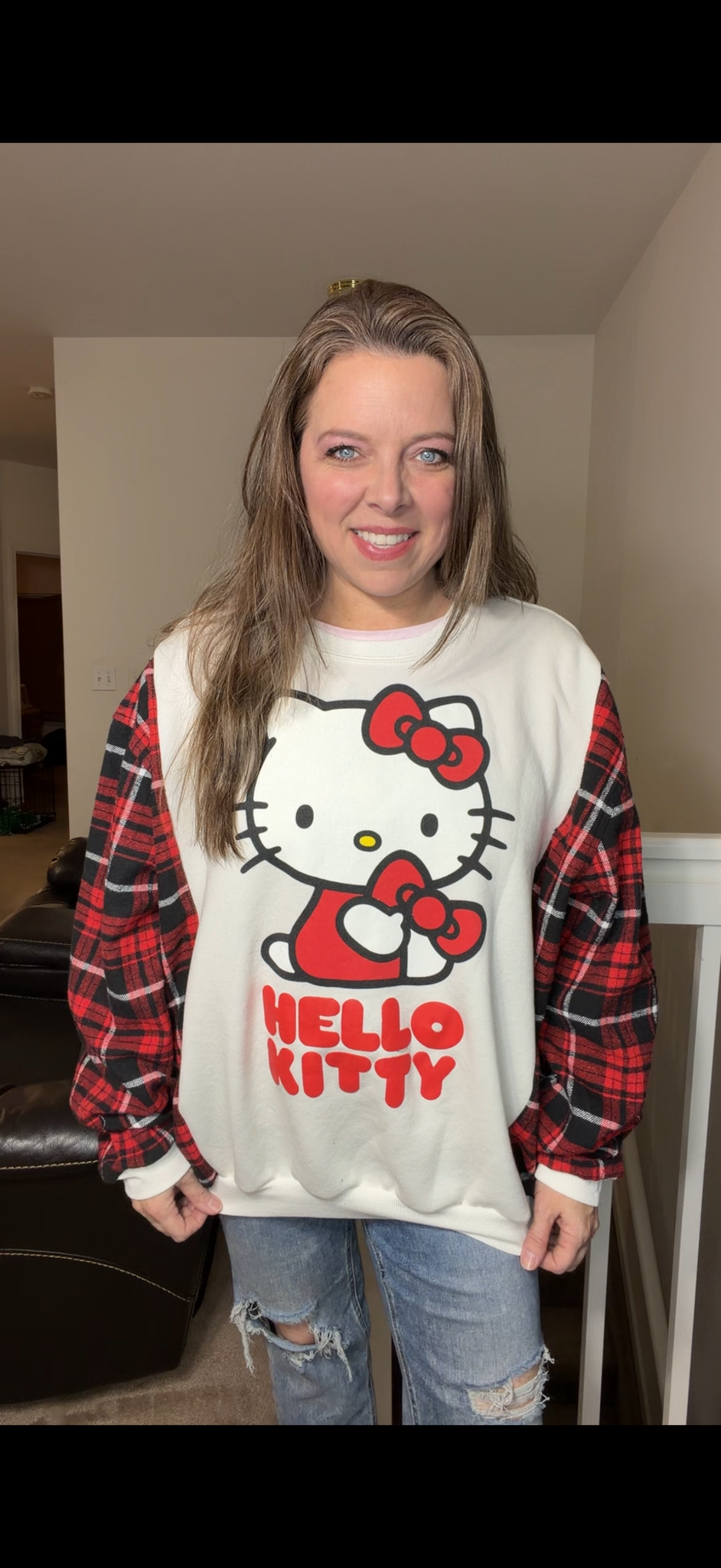 Upcycled Hello Kitty - women's 2X midweight sweatshirt with flannel sleeves ￼