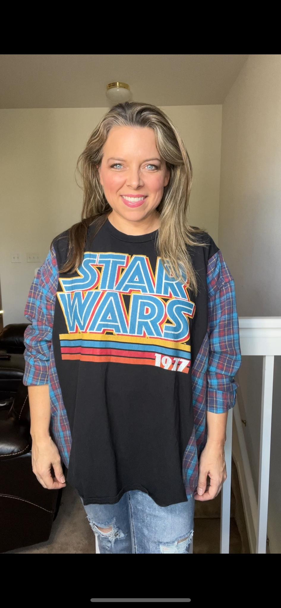 Upcycled Star Wars – women’s 2X – T-shirt with flannel sleeves￼