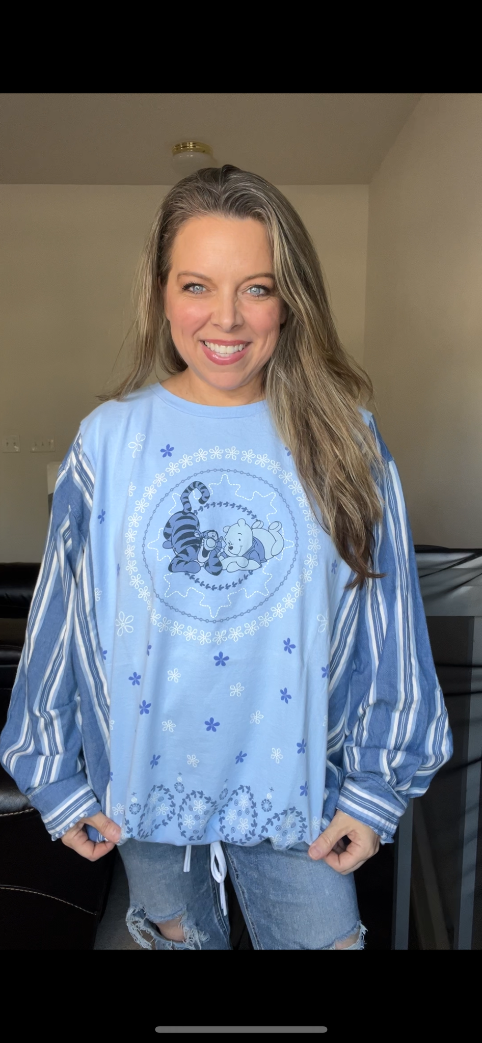 Upcycled Pooh Tigger - women’s 5X T-shirt with flannel sleeves￼