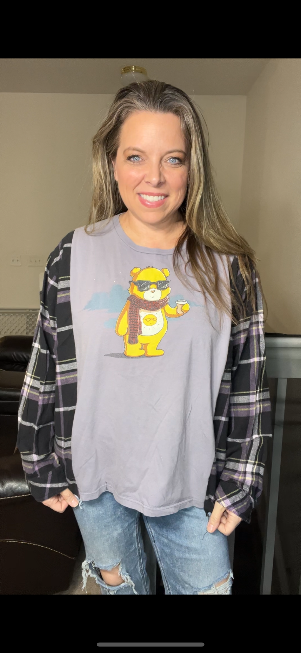 Upcycled Carebear – women’s large T-shirt with flannel sleeves