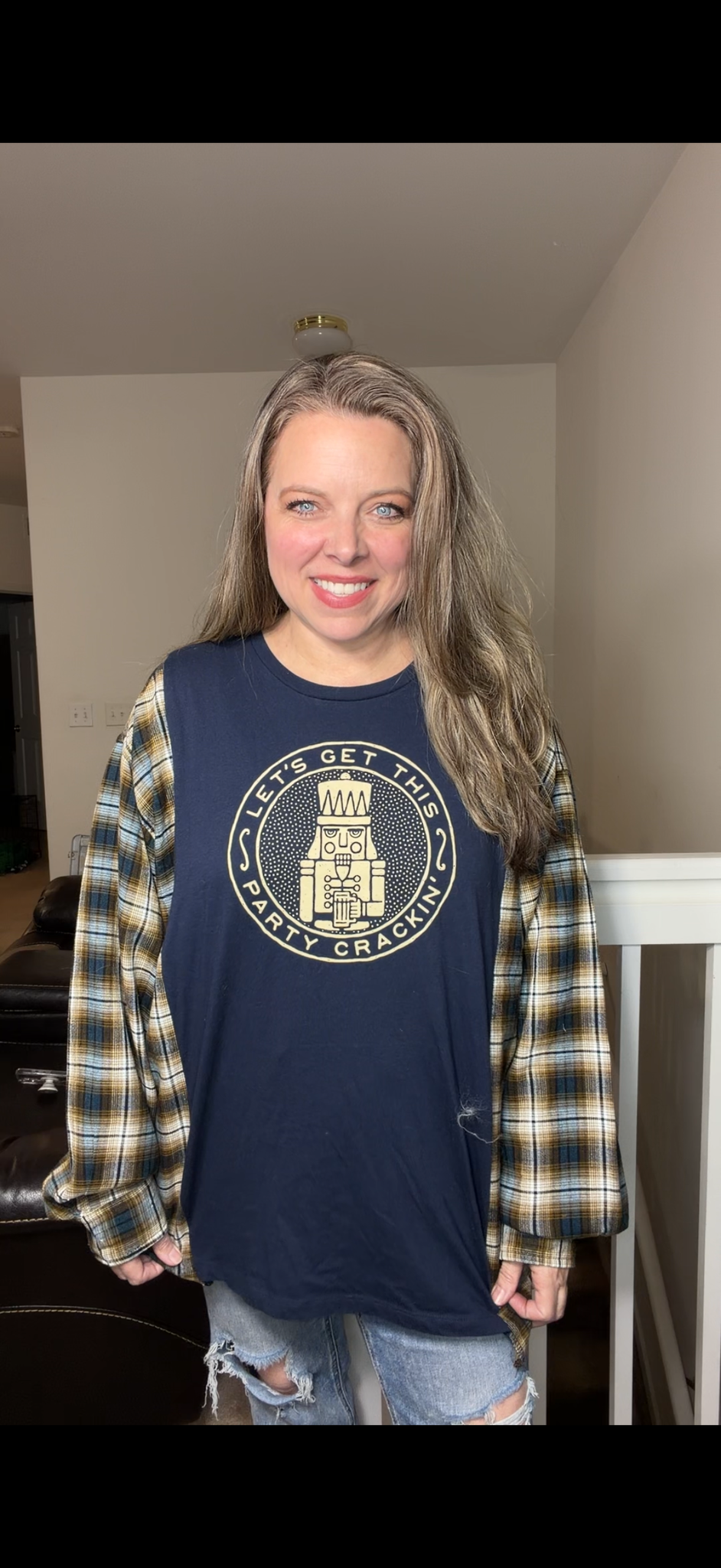 Upcycled Nutcracker – women's 2X T-shirt with flannel sleeves ￼