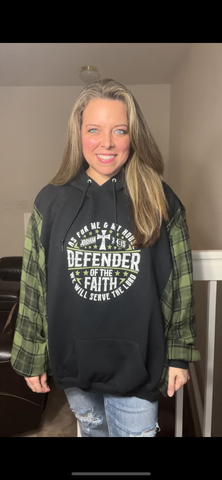 Upcycled Defender – woman’s 2X/3X – midweight sweatshirt with flannel sleeves￼