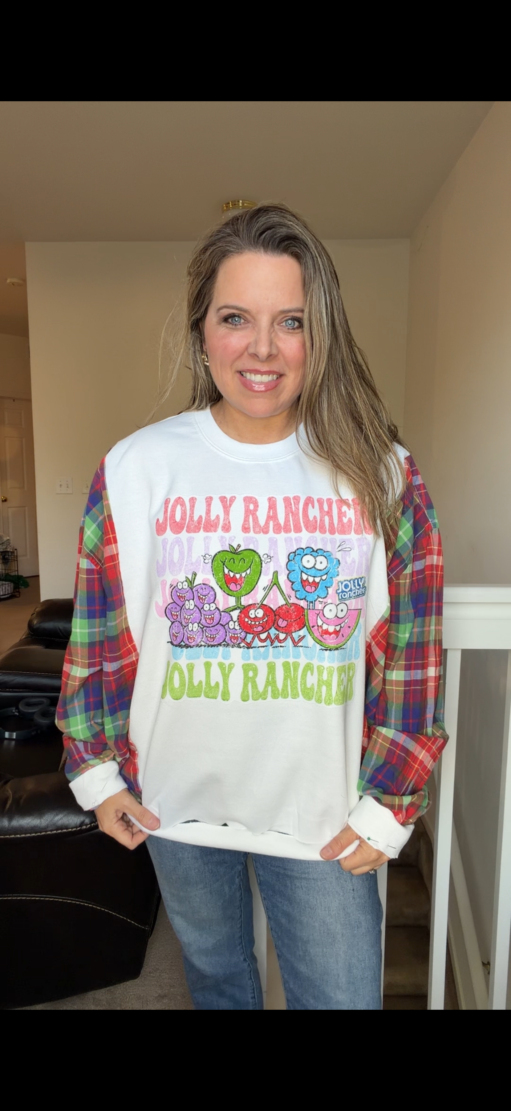 Upcycled Jolly Ranchers - women's 2X midweight sweatshirt with cotton sleeves