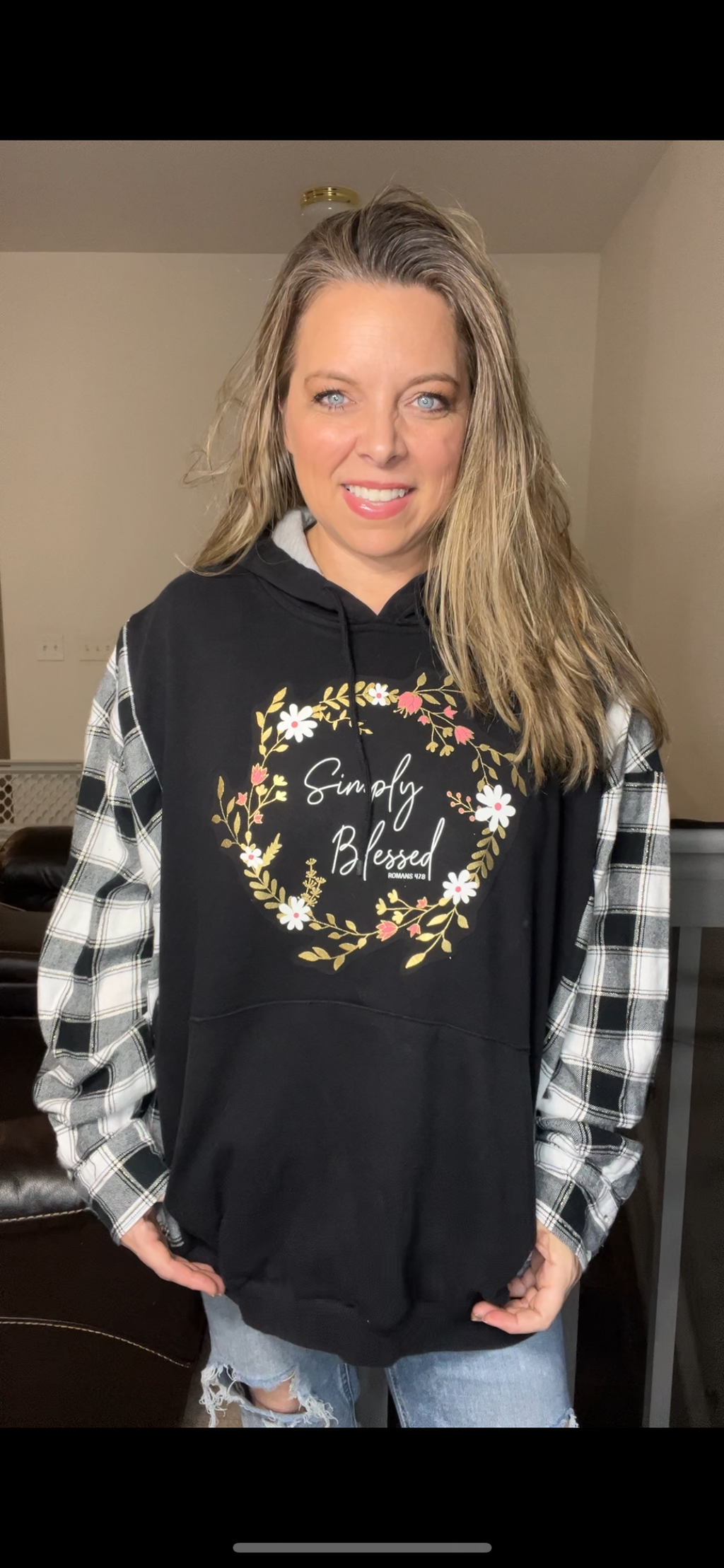 Upcycled Simply blessed – women’s 3X/4X midweight sweatshirt with flannel sleeves