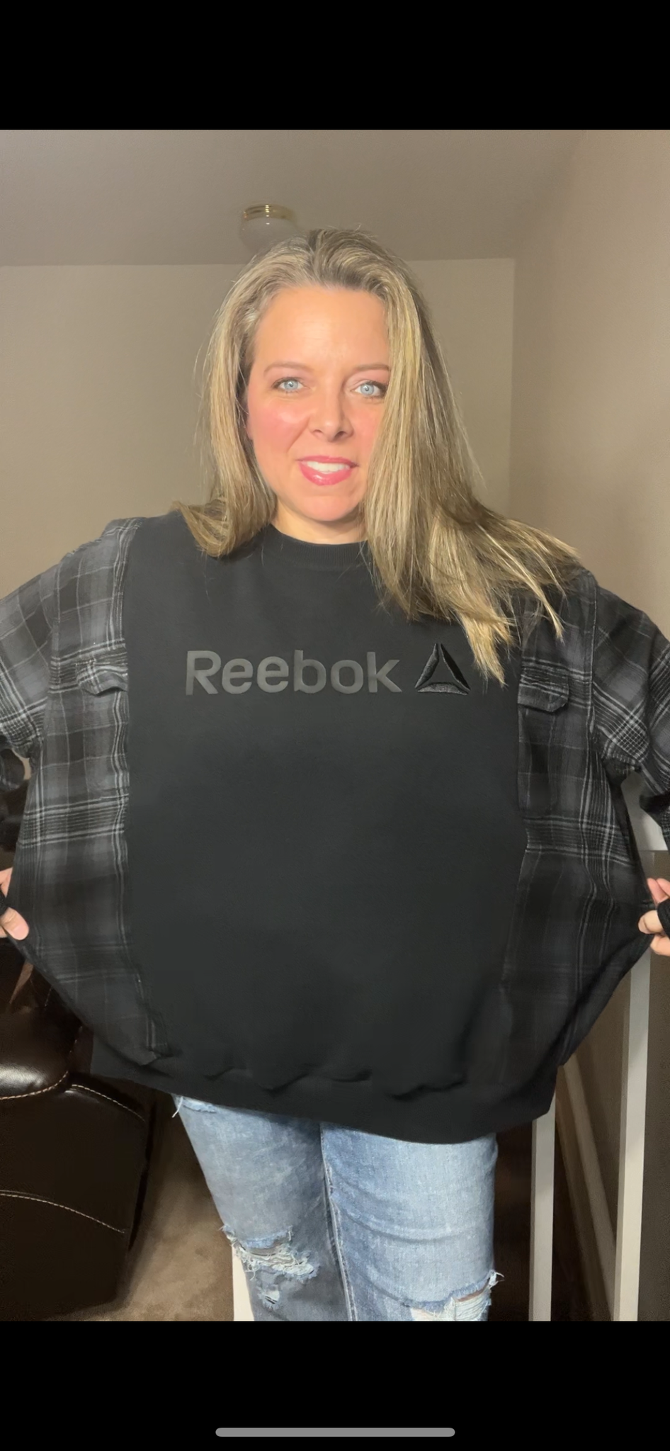 Upcycled Reebok Black – women’s one X – midweight sweatshirt with flannel sleeves ￼