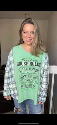 Upcycled Grandma – women’s 1X T-shirt with flannel sleeves – sleeves more fitted