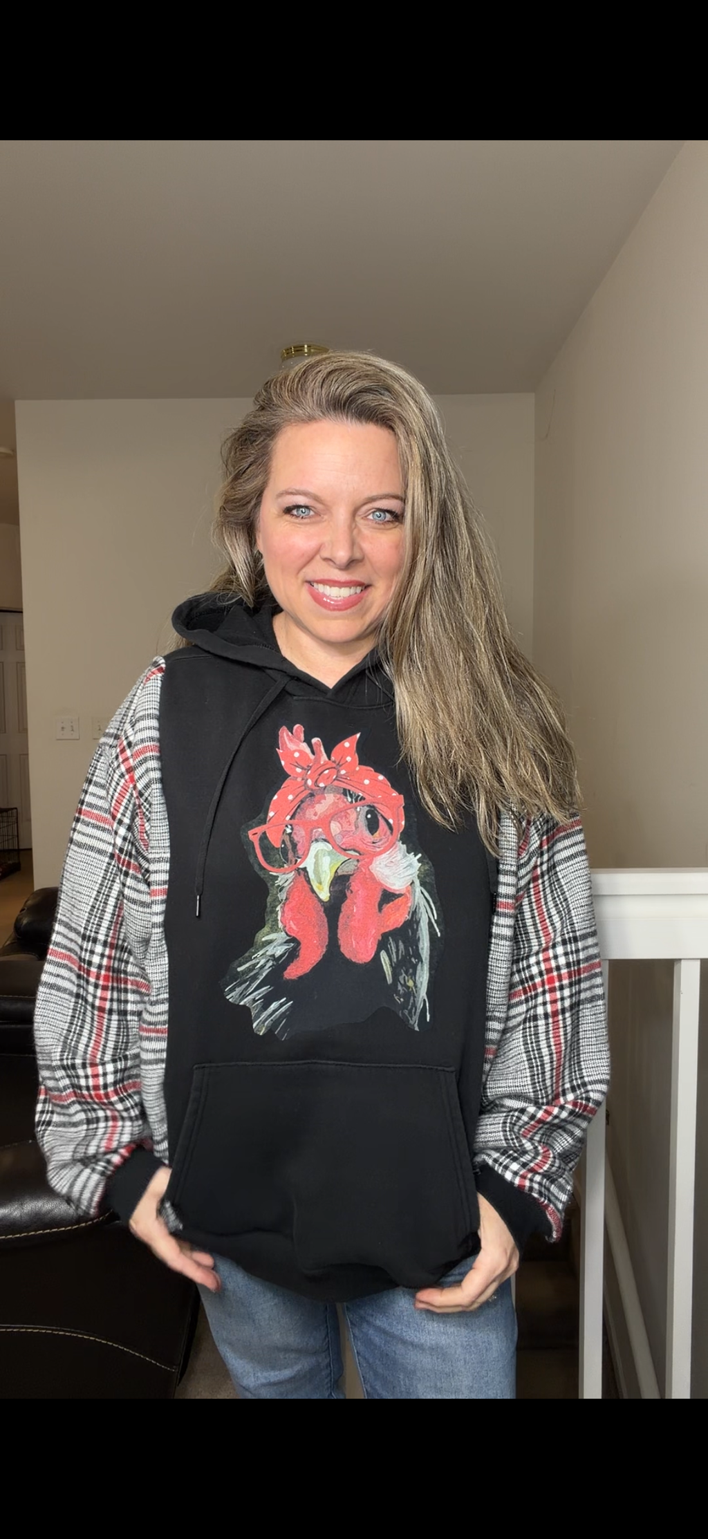 Upcycled Hen - women's 1X midweight sweatshirt with flannel sleeves