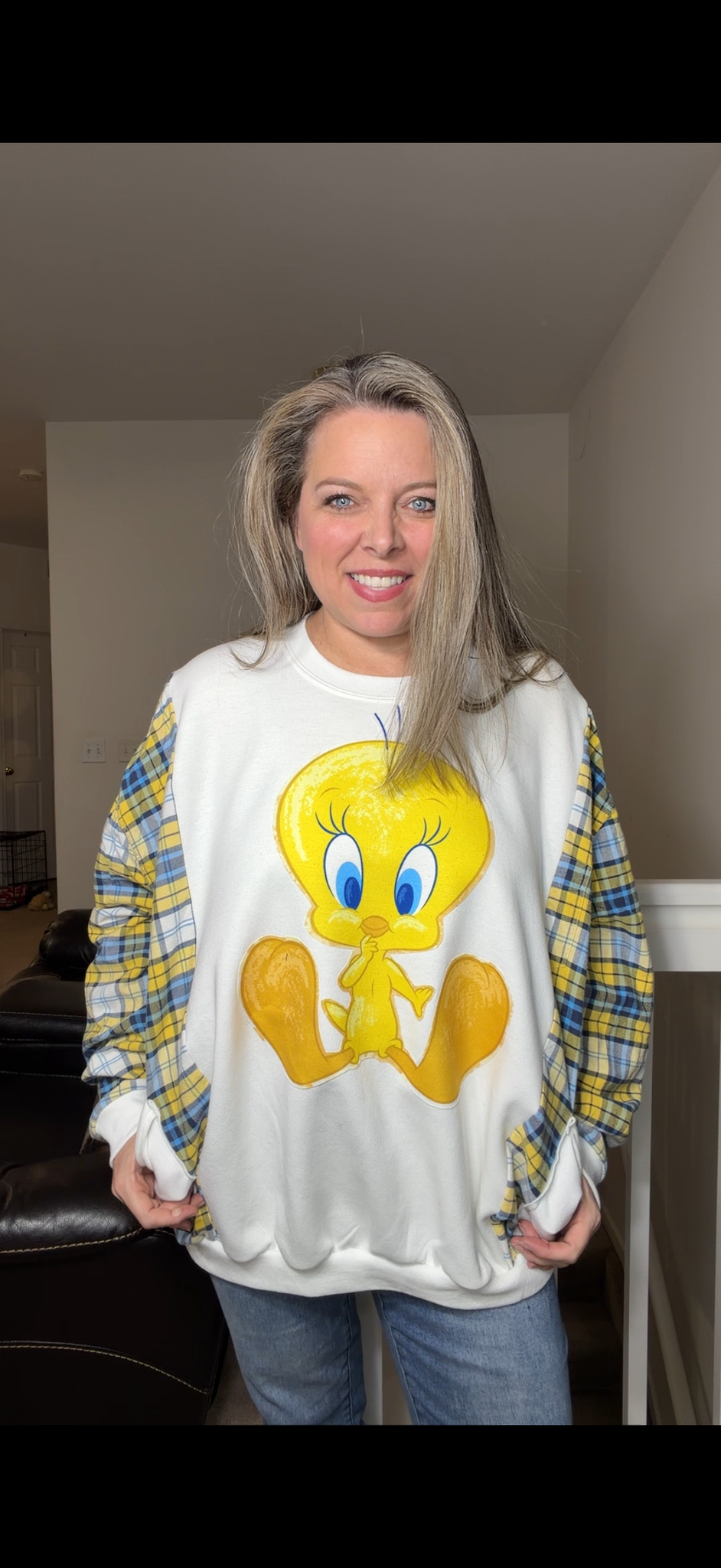 Upcycled Tweety - women's 3X midweight sweatshirt with flannel sleeves
