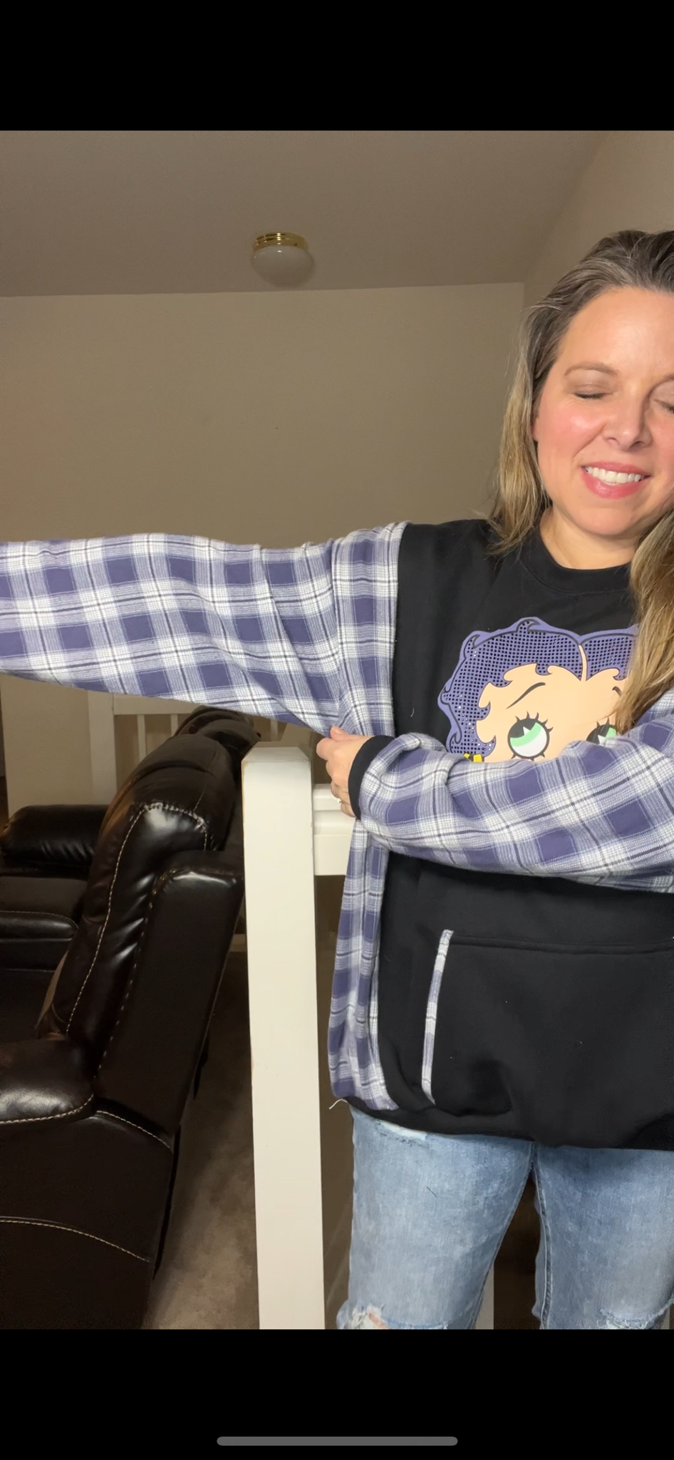 Upcycled Betty Boop – women’s 2X/3X – midweight sweatshirt with flannel sleeves