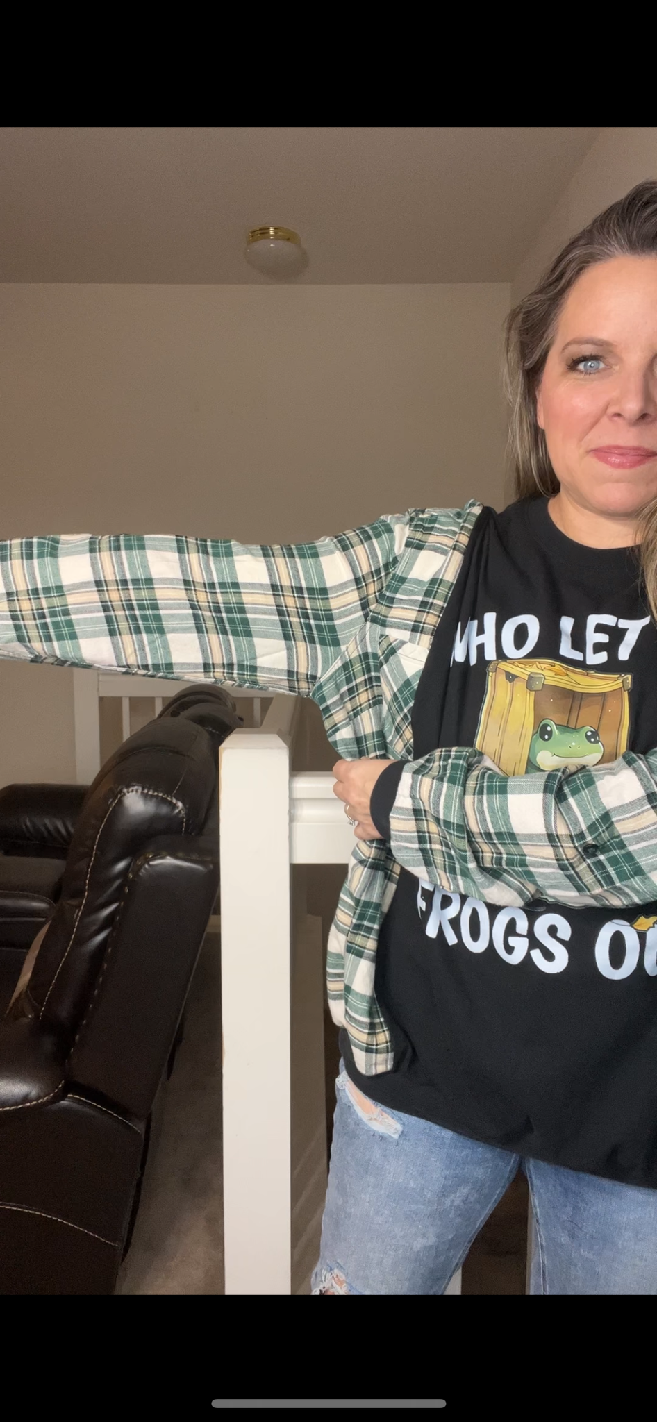 Upcycled Frogs – women’s 2X T-shirt with flannel sleeves