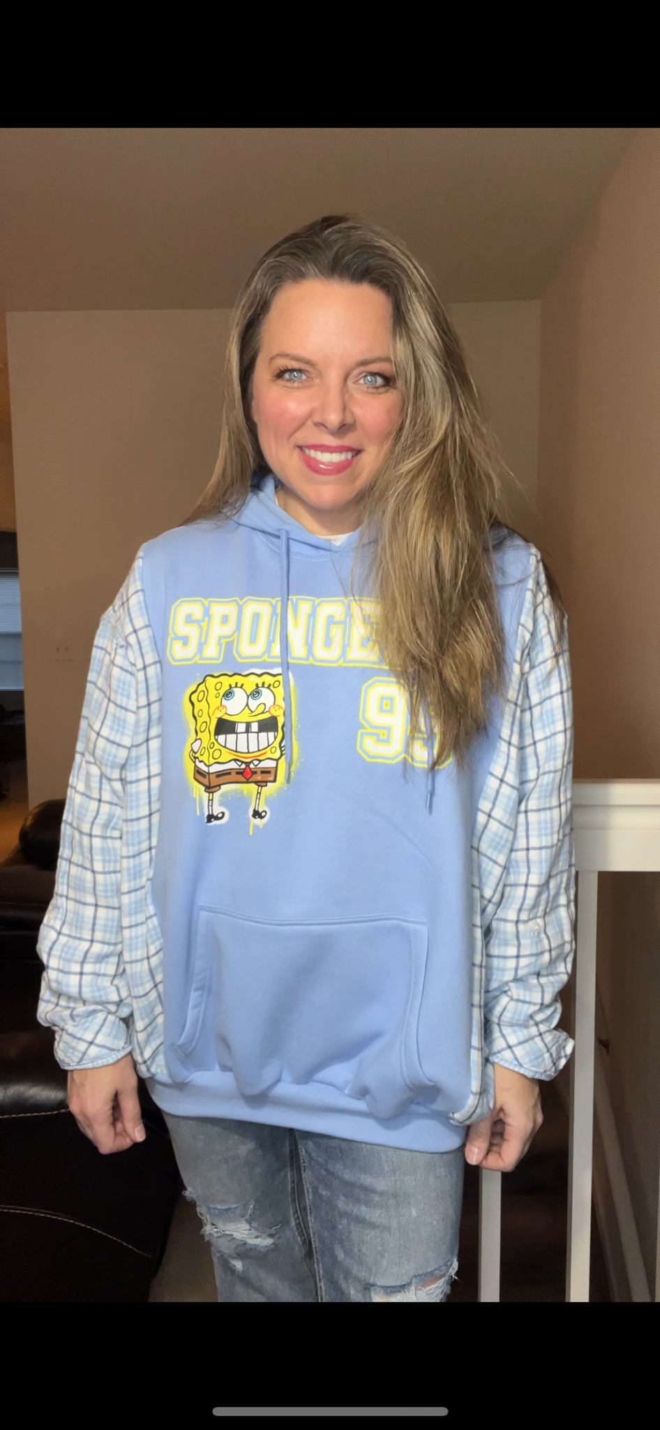 Upcycled SpongeBob – women’s 1X – midweight sweatshirt with flannel sleeves￼