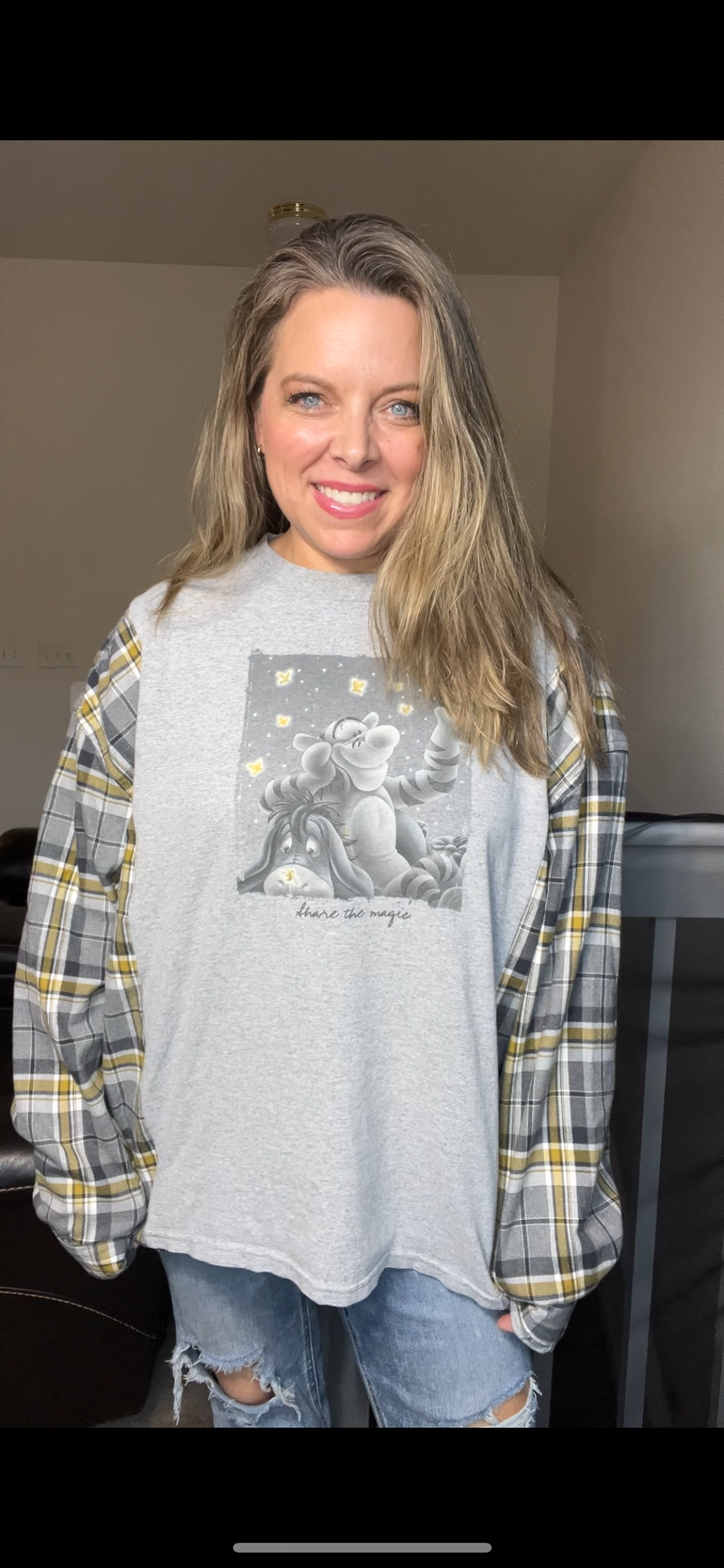 Upcycled Tigger and Eeyore – women's 2X T-shirt with flannel sleeves