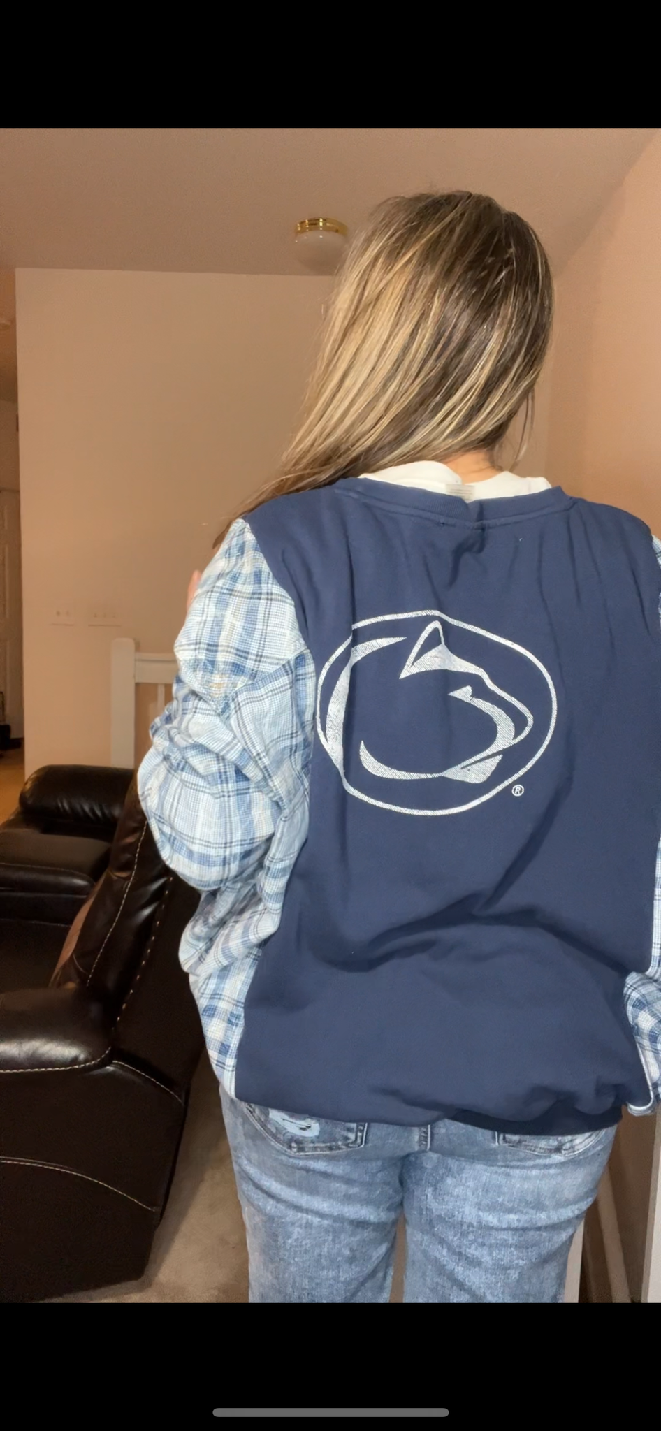Upcycled Penn State - Woman’s L/XL – midweight sweatshirt with flannel sleeves – larger neck opening￼
