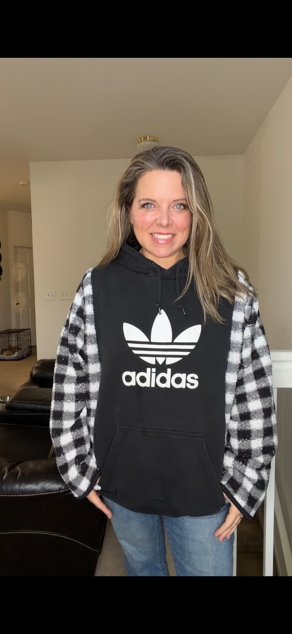 Upcycled Adidas - women's 1X/2X midweight sweatshirt with flannel sleeves