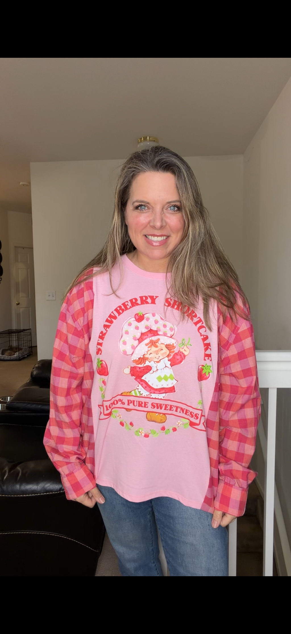 Upcycled Strawberry Shortcake - women's medium/large T-shirt with cotton sleeves