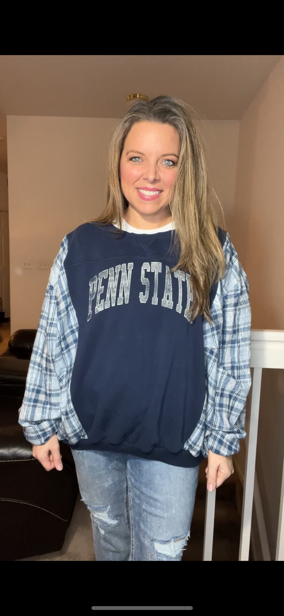 Upcycled Penn State - Woman’s L/XL – midweight sweatshirt with flannel sleeves – larger neck opening￼