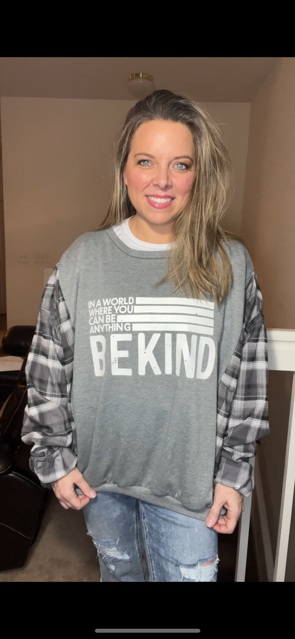 Upcycled Be Kind –￼ Women’s 2X – thin French terry sweatshirt with flannel sleeves￼