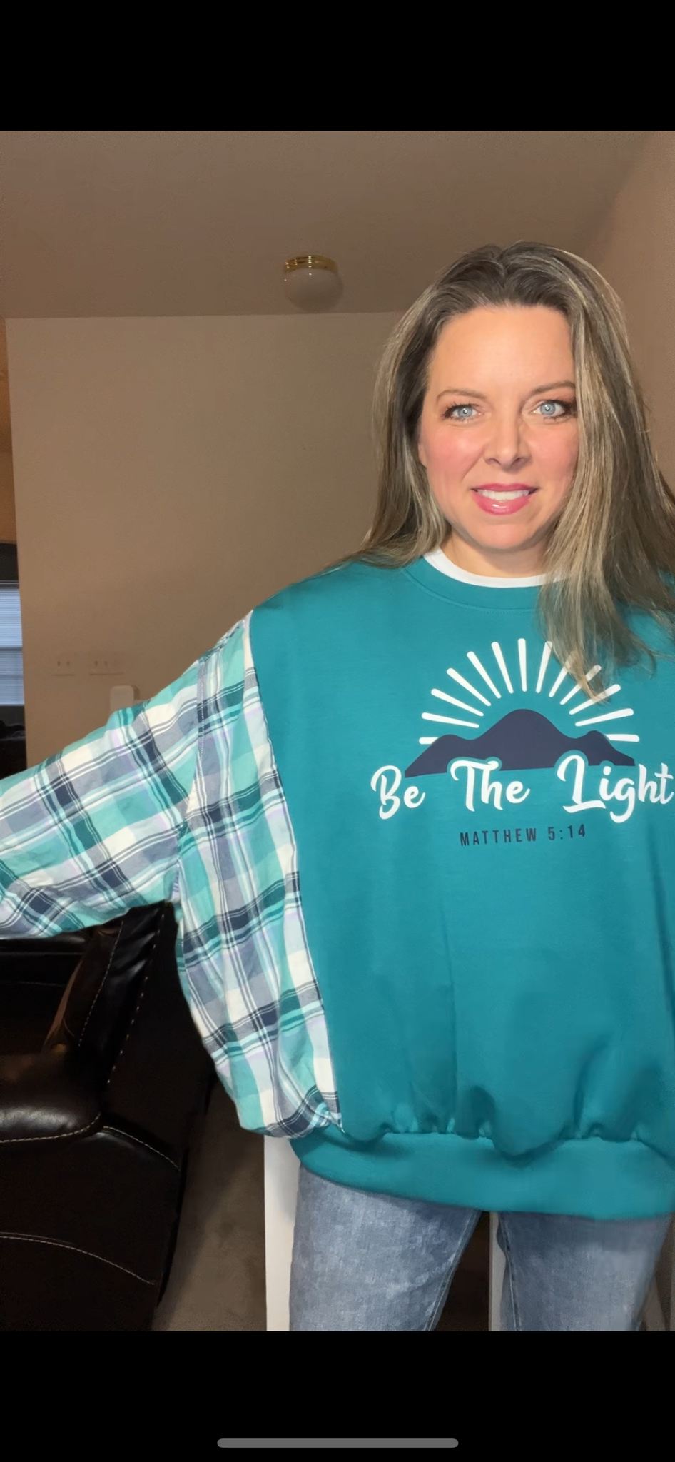 Upcycled Be the Light – women’s 1X – thin sweatshirt with flannel sleeves - wide neck