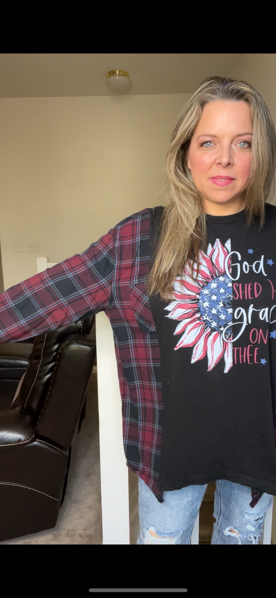 Upcycled God Light – women’s 1X T-shirt with flannel sleeves￼