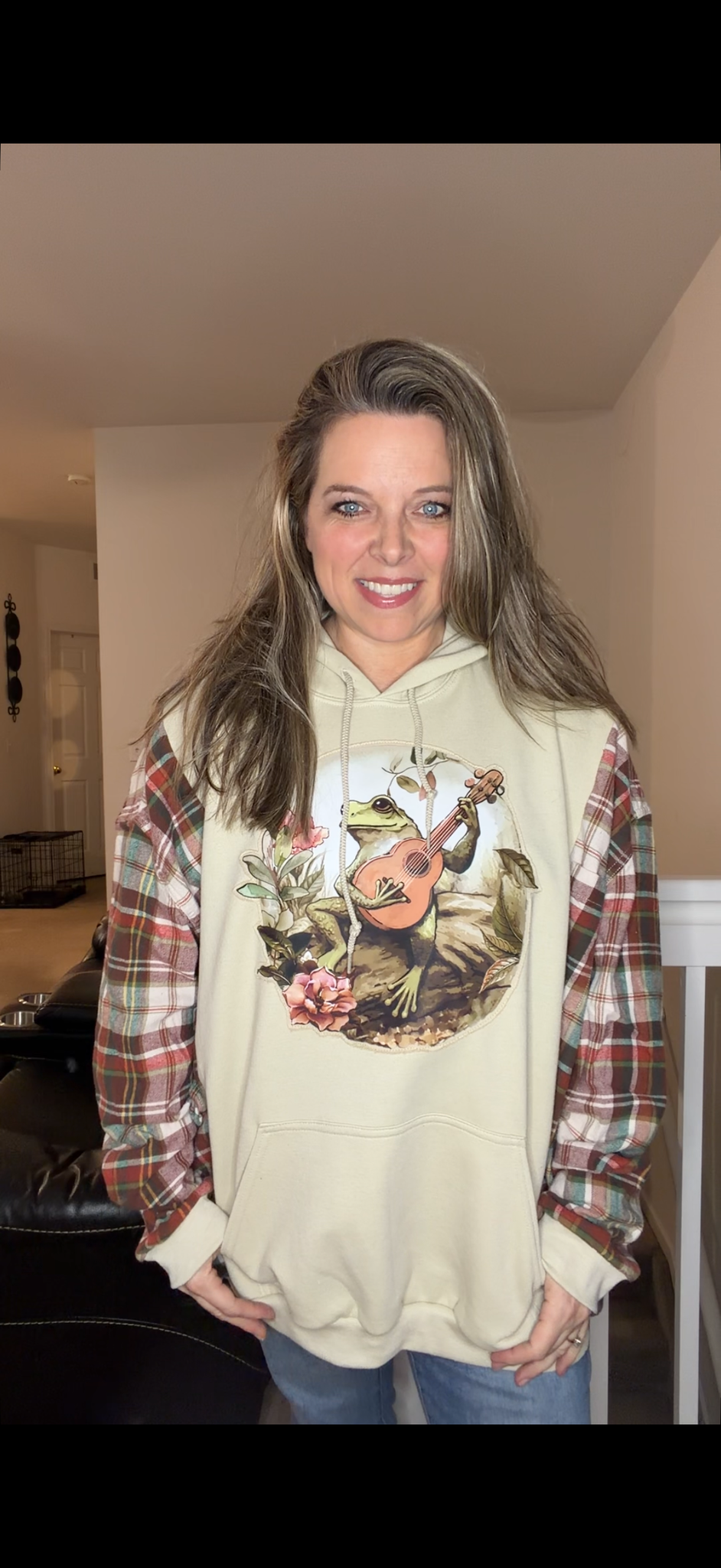 Upcycled Frog - women's 2X/3X midweight sweatshirt with flannel sleeves