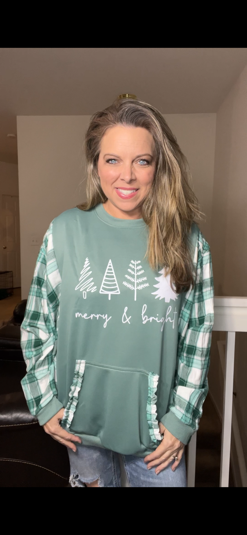 Upcycled Merry and bright – women’s 2X long French terry sweatshirt with flannel sleeves