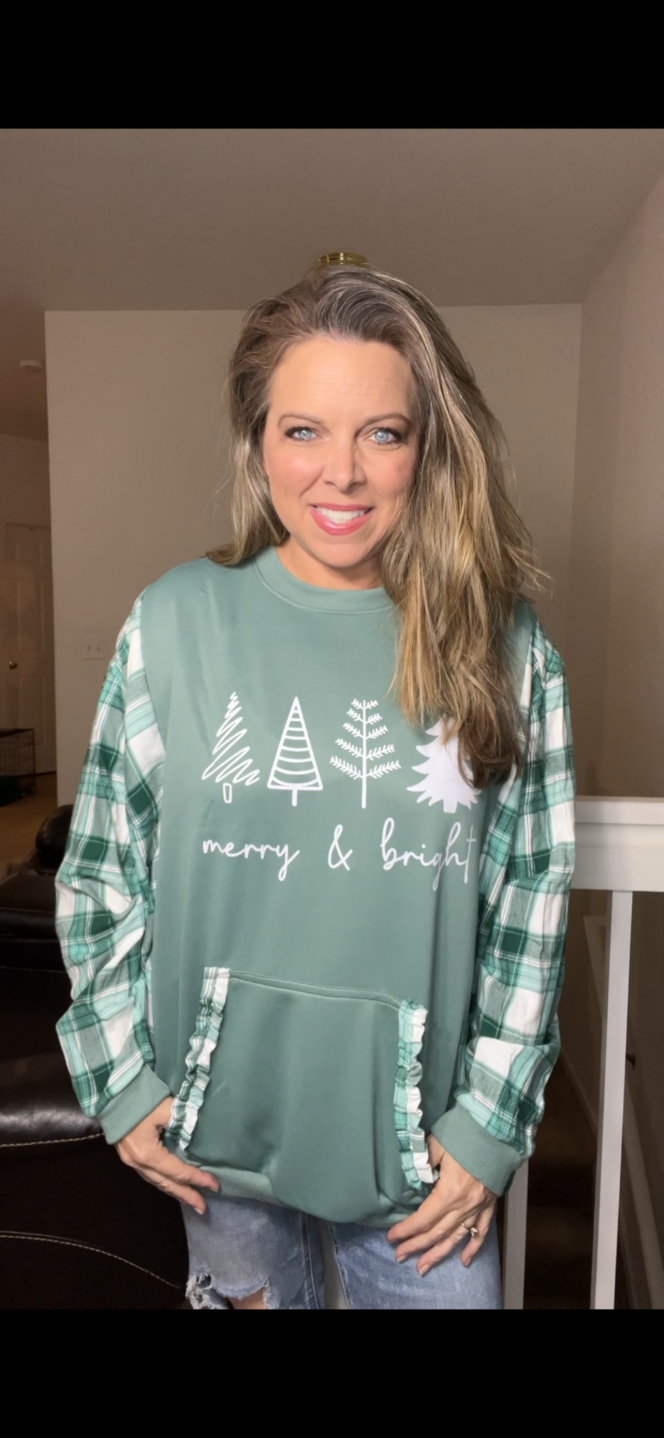 Upcycled Merry and bright – women’s 2X long French terry sweatshirt with flannel sleeves