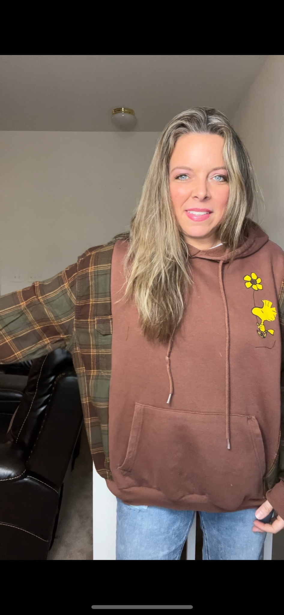 Upcycled Woodstock – women’s 1X – midweight sweatshirt with flannel sleeves￼