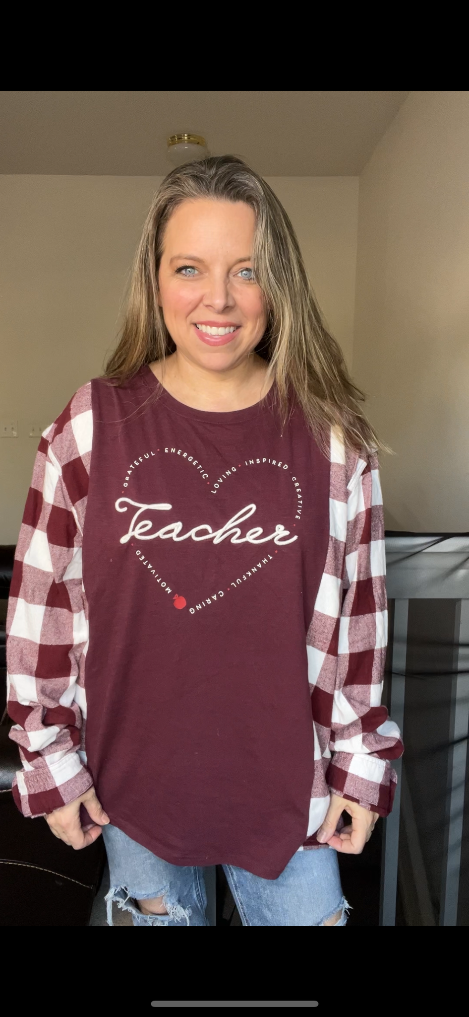 Upcycled Teacher – women’s 2X/3X T-shirt with flannel sleeves