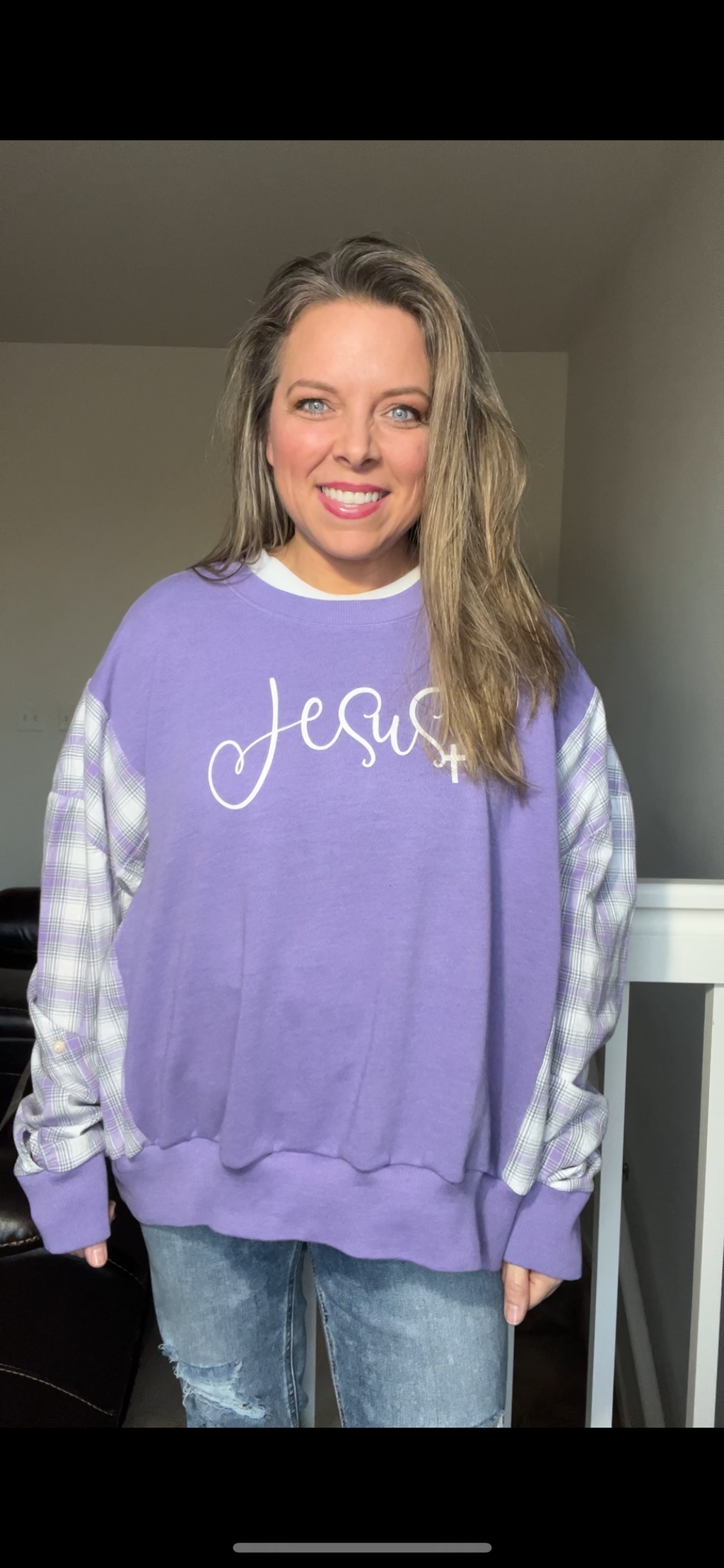 Upcycled Jesus purple – women’s XL/1X – thin sweatshirt with soft cotton sleeves￼