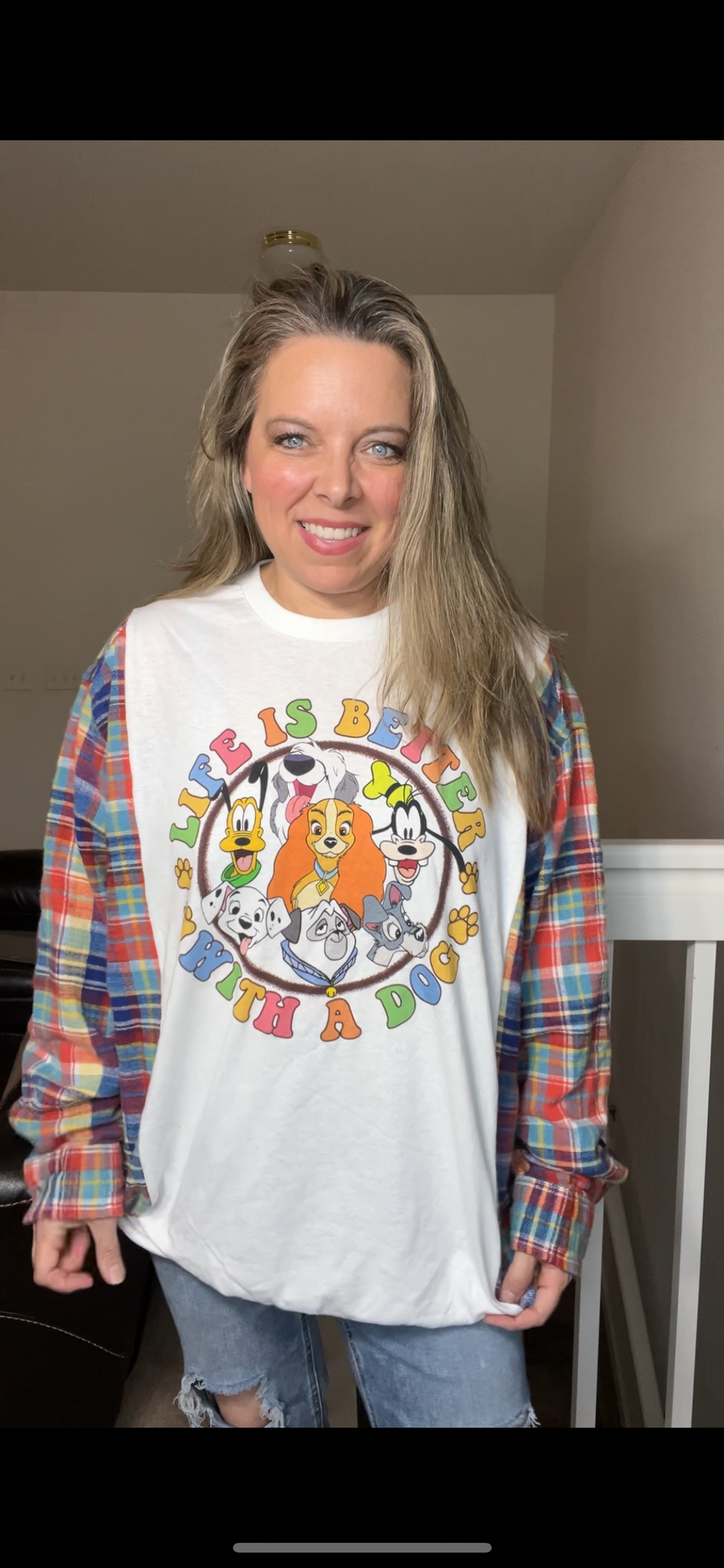 Upcycled Dogs – women’s 3X/4X T-shirt with flannel sleeves