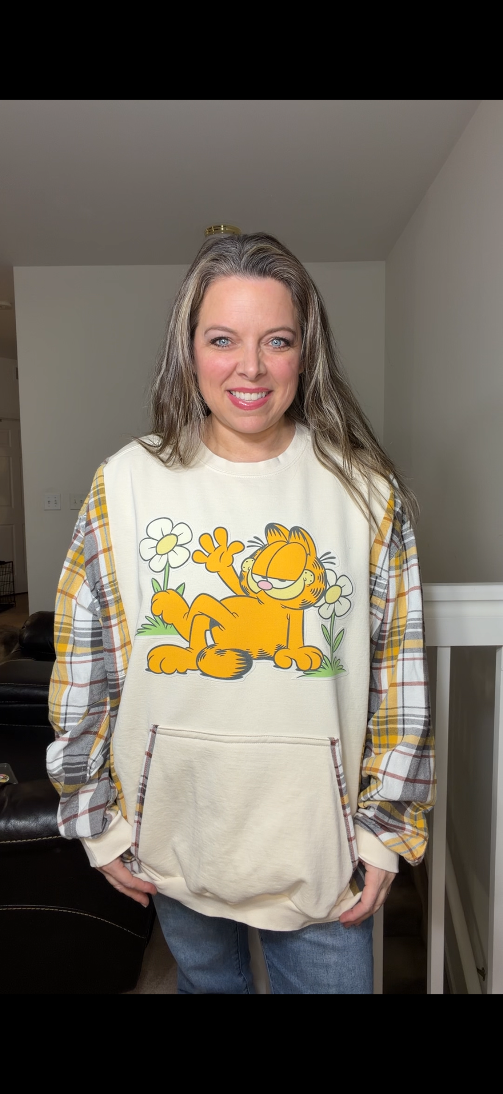 Upcycled Garfield - women's 3X midweight sweatshirt with flannel sleeves