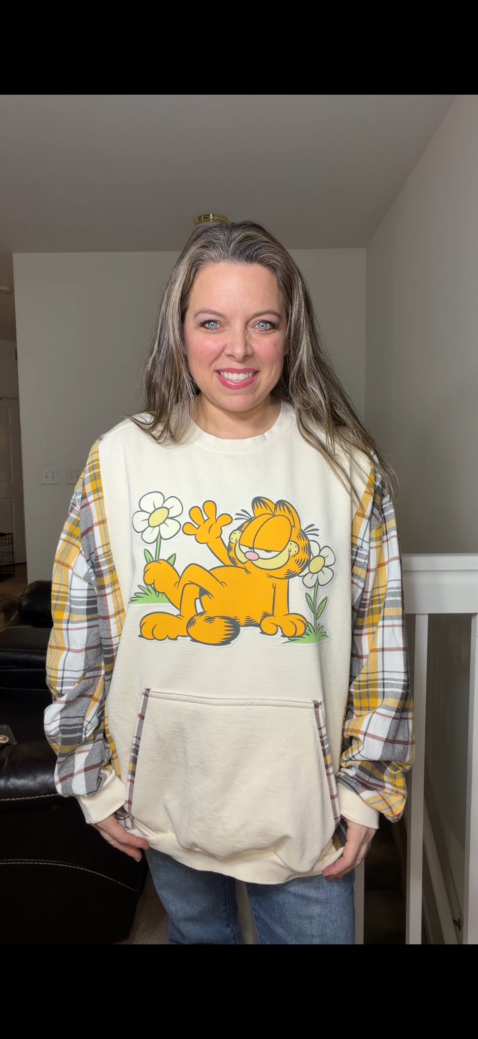 Upcycled Garfield - women's 3X midweight sweatshirt with flannel sleeves