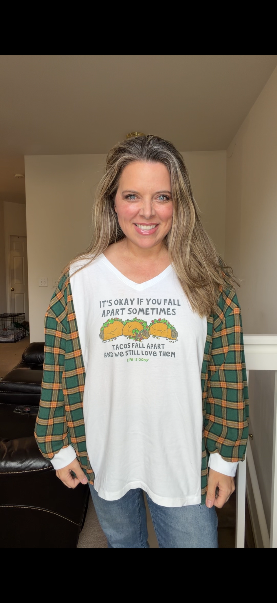Upcycled Tacos - women's medium T-shirt with flannel sleeves