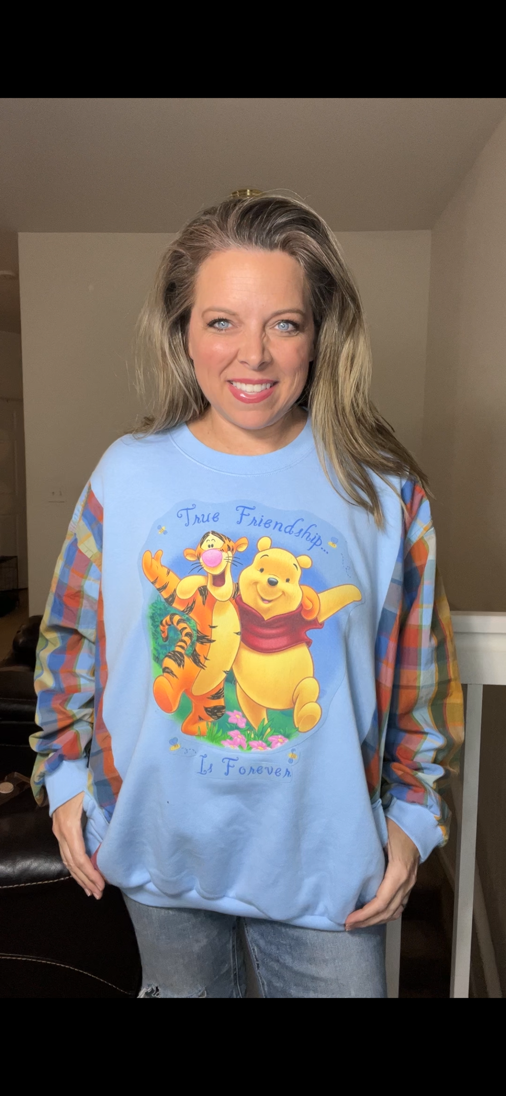Upcycled Pooh Tigger - women’s 2X/3X midweight sweatshirt with cotton sleeves
