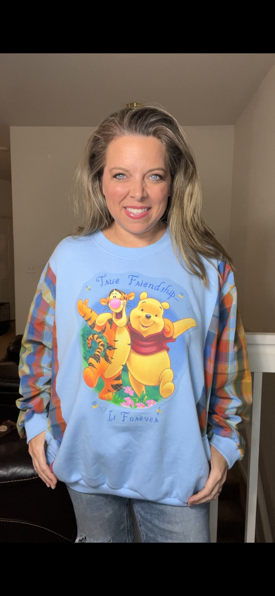 Upcycled Pooh Tigger - women’s 2X/3X midweight sweatshirt with cotton sleeves