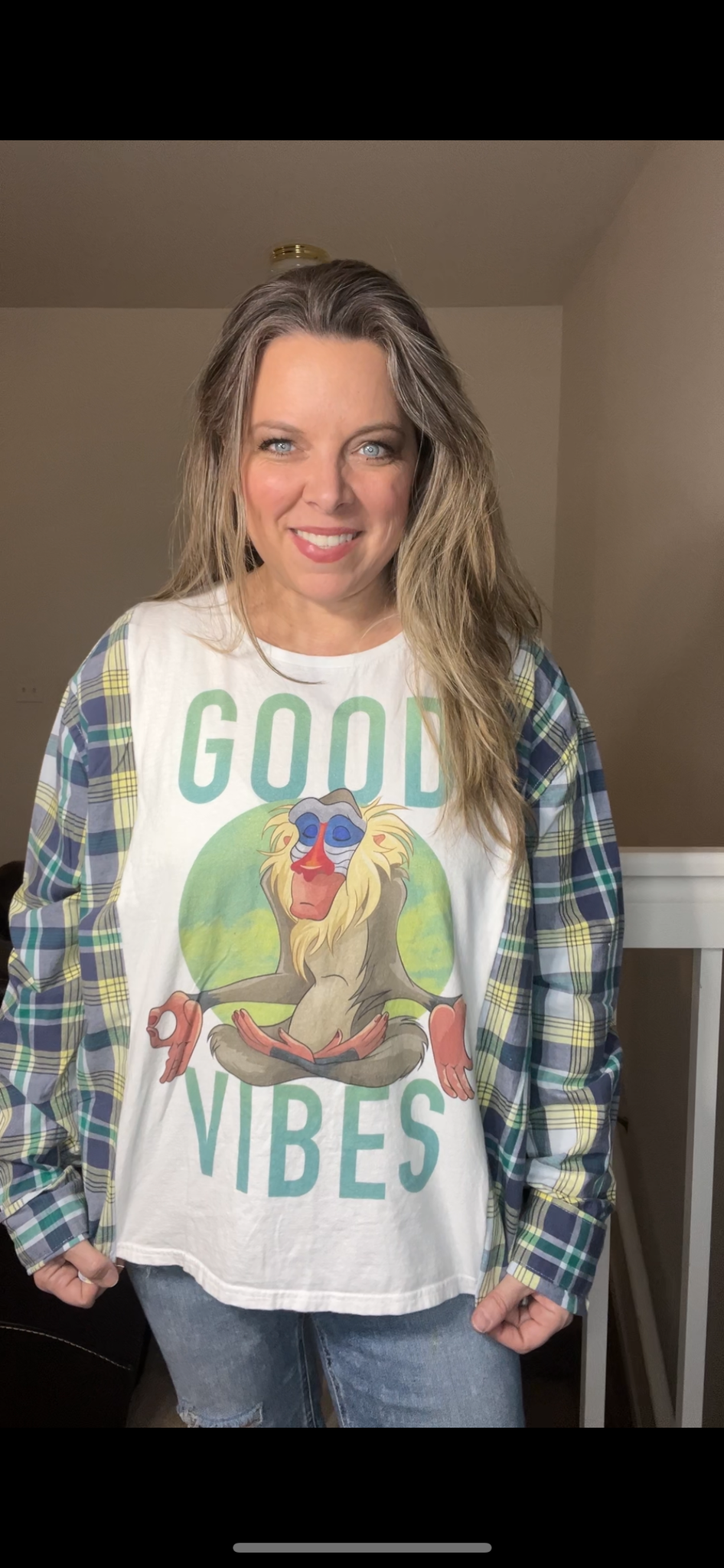 Upcycled Good Vibes – women’s large/XL T-shirt with soft cotton sleeves – sleeves slightly more narrow