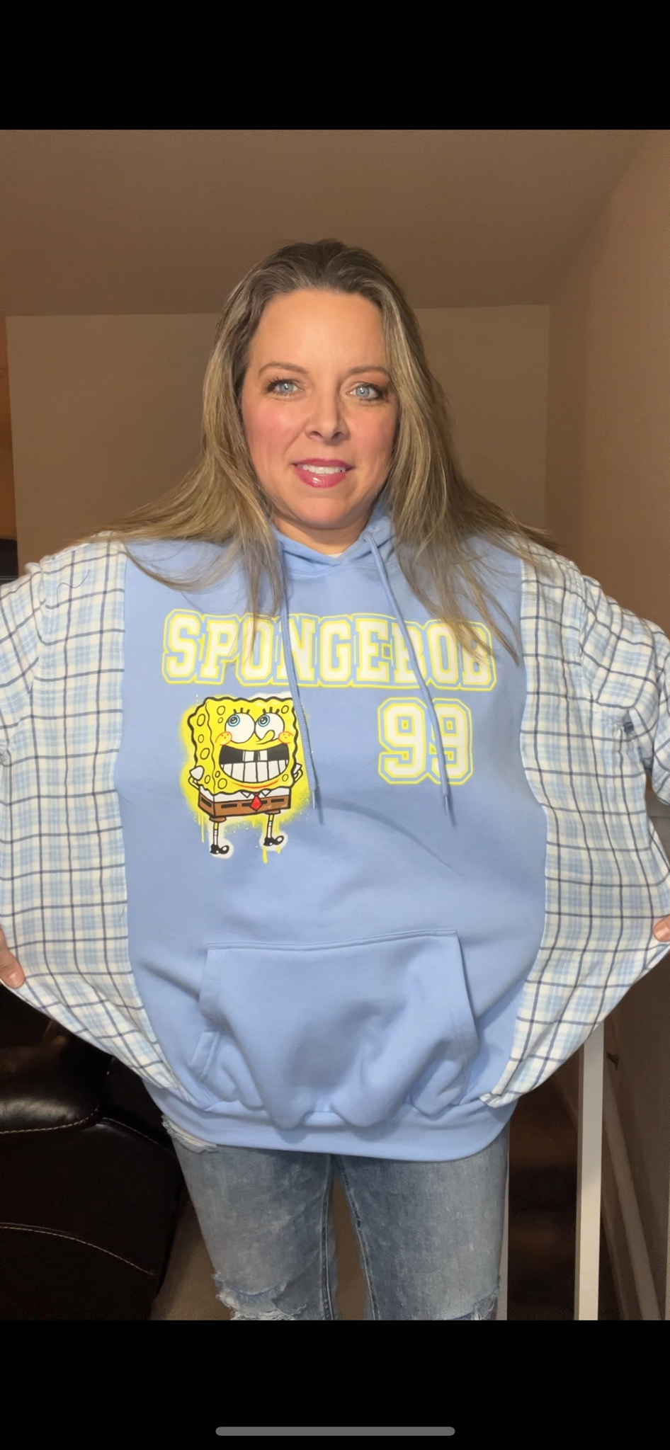 Upcycled SpongeBob – women’s 1X – midweight sweatshirt with flannel sleeves￼