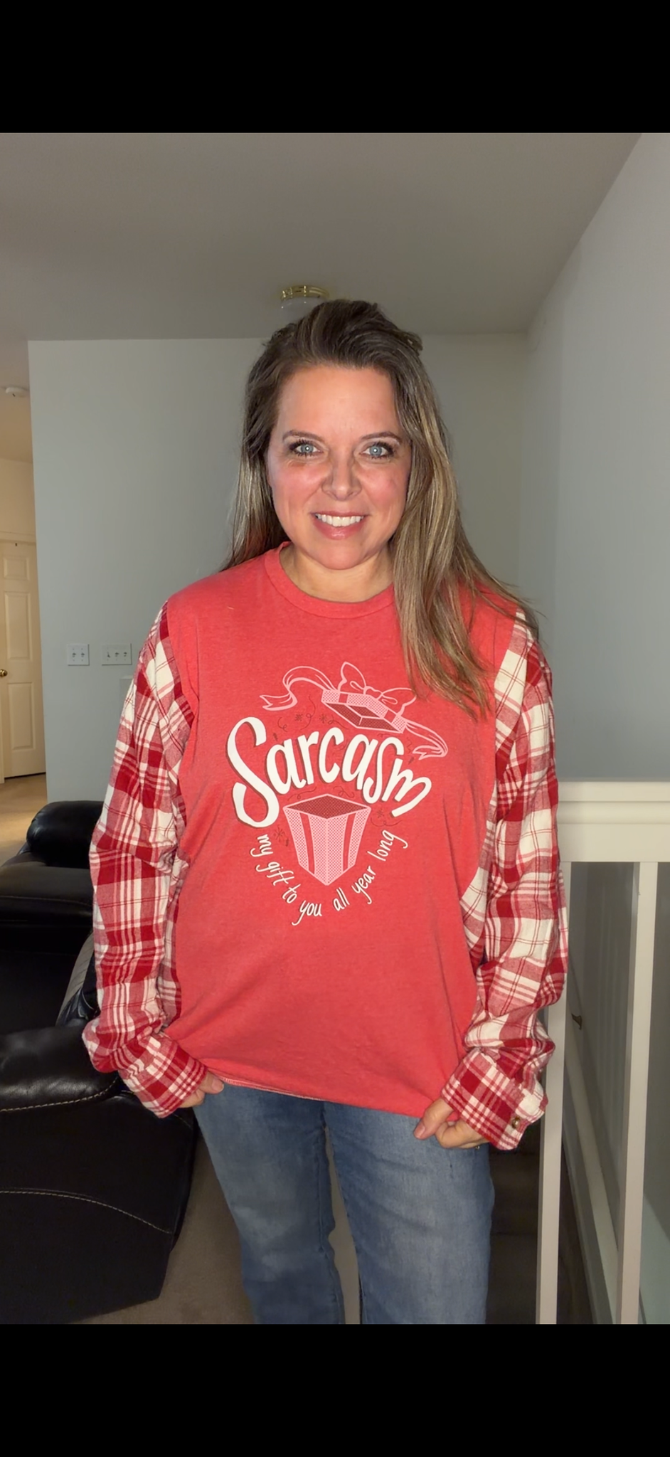 Upcycled Sarcasm - women's 2X T-shirt with flannel sleeves – sleeves more narrow ￼