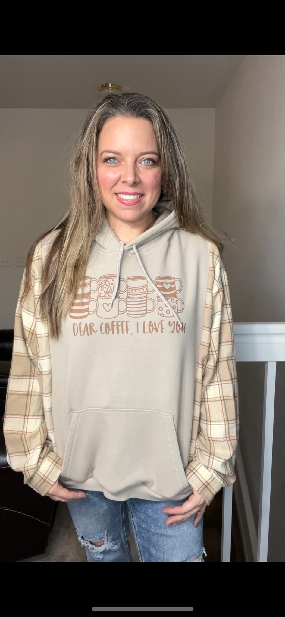 Upcycled Coffee – women’s XL/1X – midweight sweatshirt with flannel sleeves￼