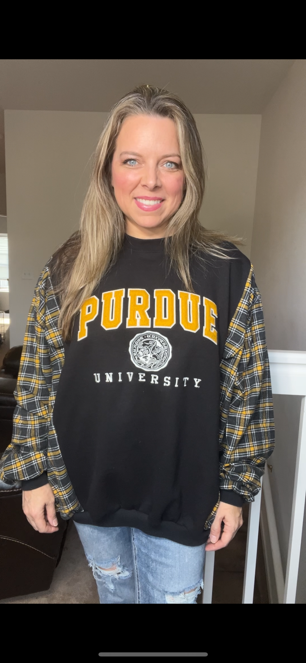 Upcycled Purdue – women’s 2X – midweight sweatshirt with flannel sleeves￼