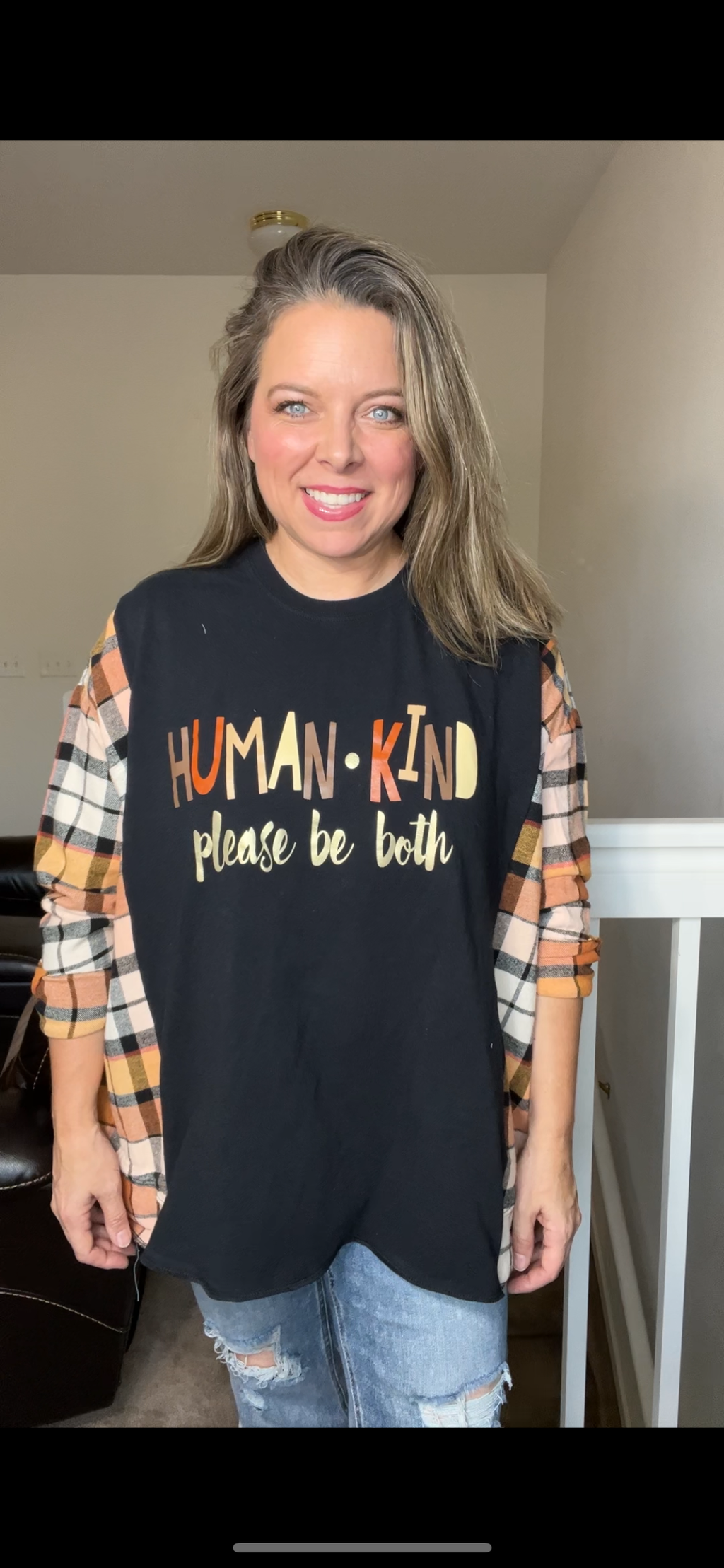 Upcycled Human Kind - women's one X/2X – T-shirt with flannel sleeves sleeves, slightly tighter ￼