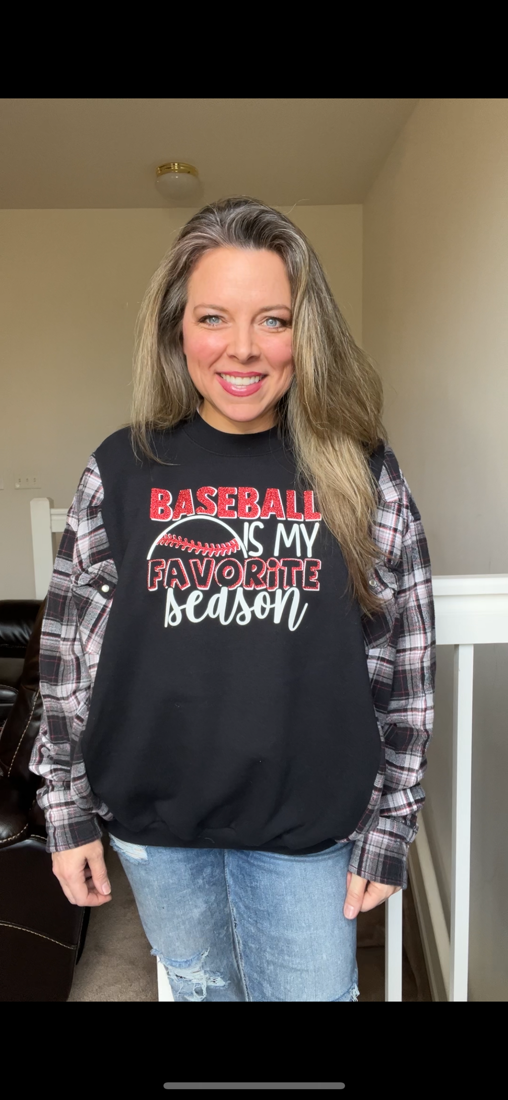 Upcycled Baseball Season – women’s large – midweight sweatshirt with flannel sleeves￼