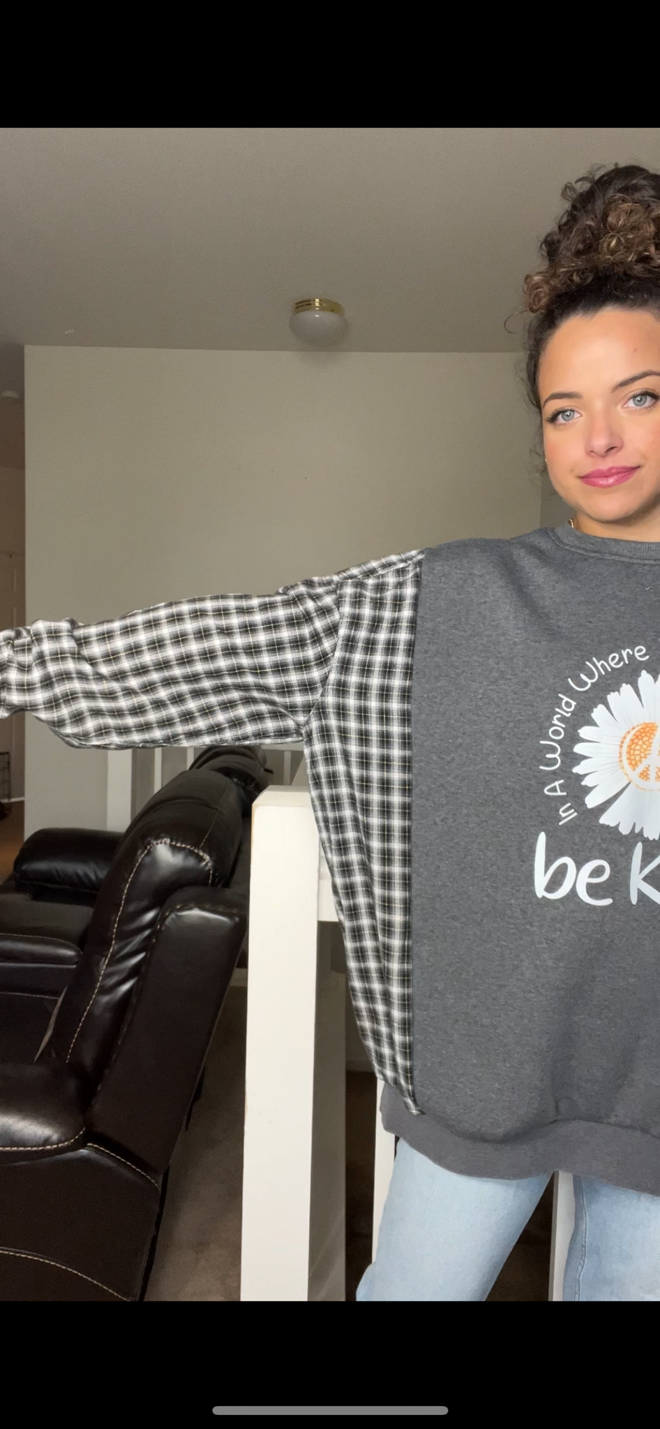 Upcycled Be Kind – women’s 2X/3X – midweight sweatshirt with flannel sleeves ￼