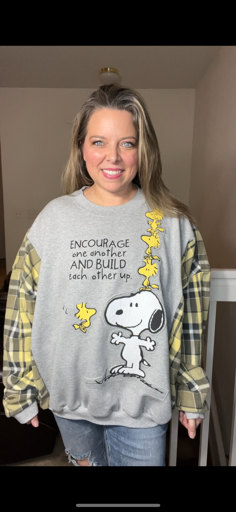 Upcycled Snoopy and Woodstock – women’s 2X/3X – midweight sweatshirt with flannel sleeves