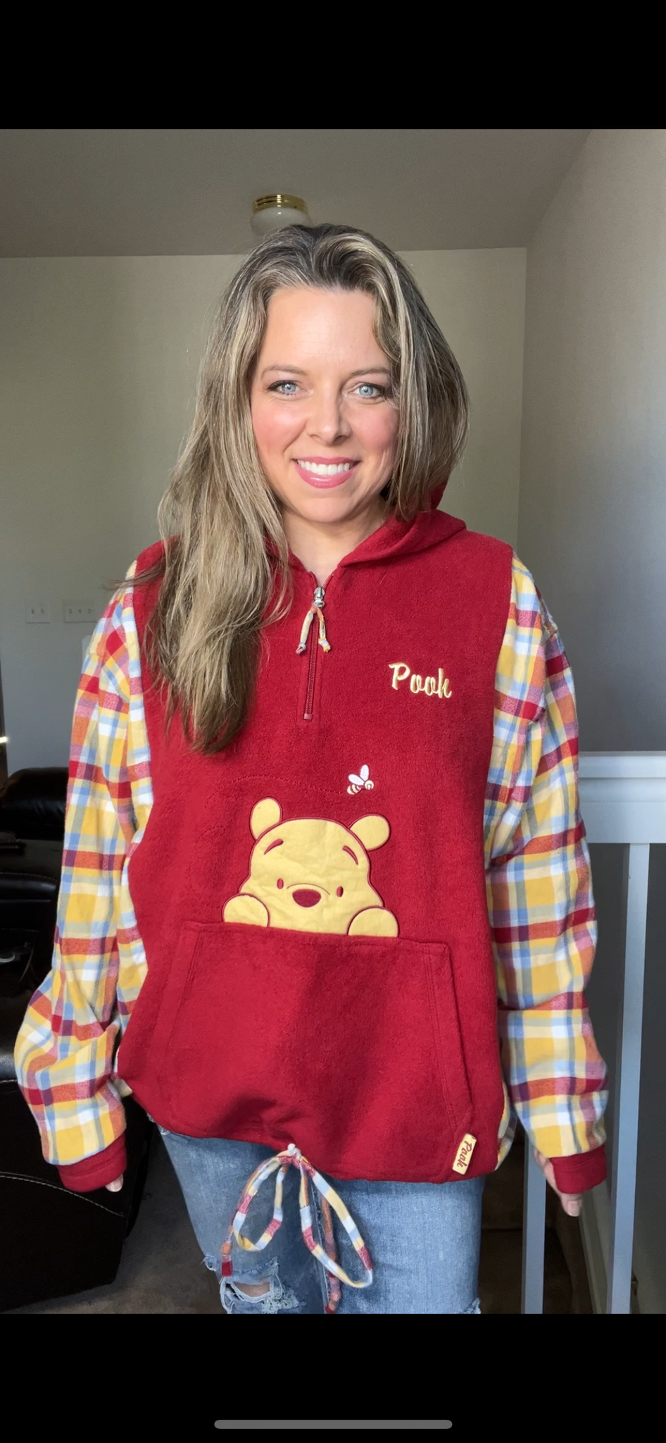 Upcycled Pooh - Women’s 1X – fleece sweatshirt with flannel sleeves￼