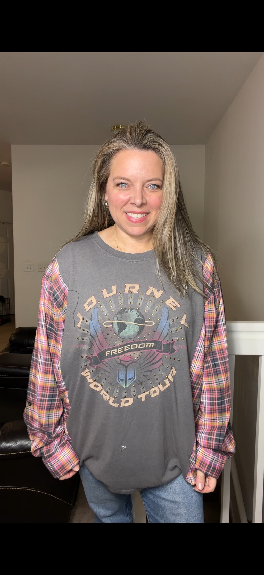 Upcycled Journey - women's 4X T-shirt with flannel sleeves