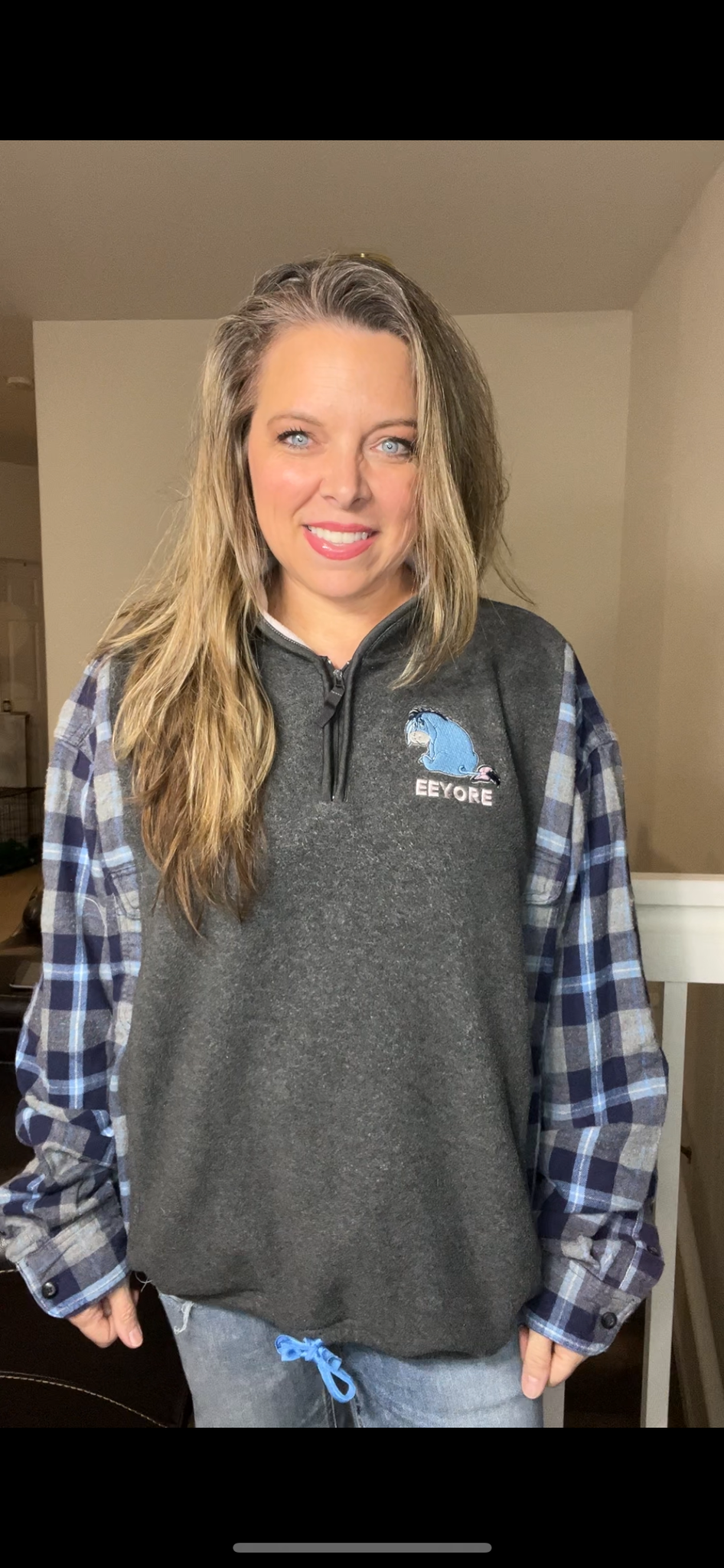 Upcycled Eeyore – women’s 2X fleece sweatshirt with flannel sleeves