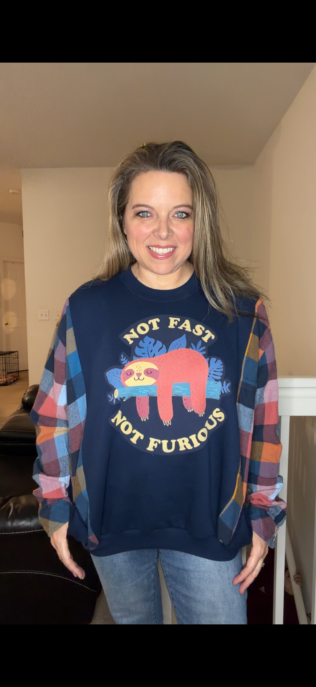 Upcycled Sloth - women's XL midweight sweatshirt with flannel sleeves